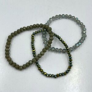 Vintage Beaded Stretch Bracelet Set 3pc Iridescent Metallic Grey Taupe Faceted